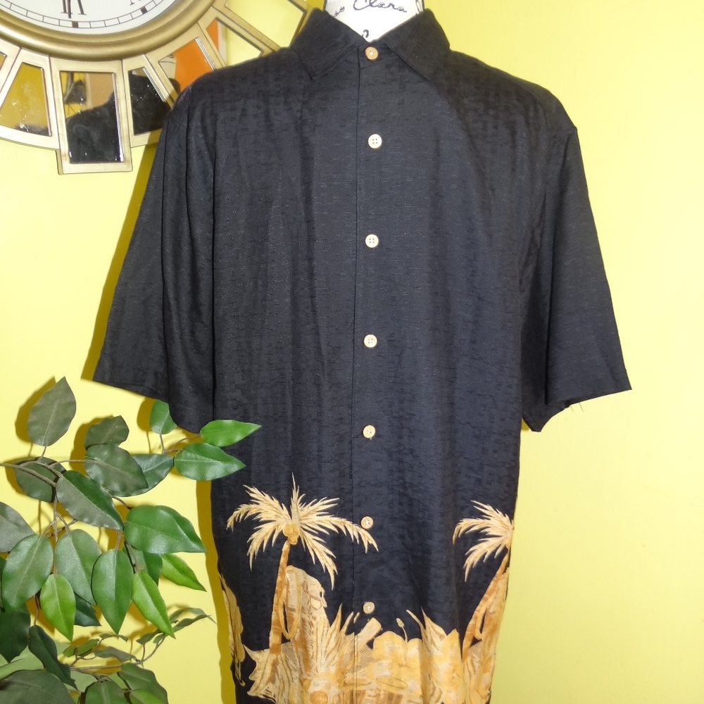 Cubavera Black Silk Palm Tree Print Shirt